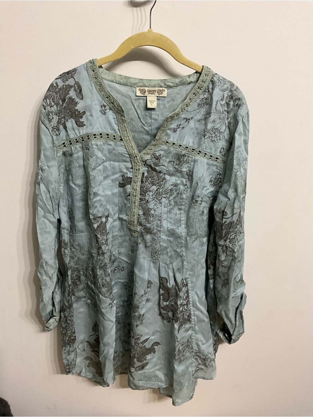 Vintage America Pale Blue Floral Embroidered V-Neck Tunic